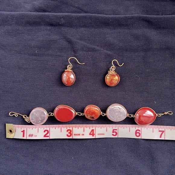 Gold Wire Orange Glass & Pink Quartz Bracelet w/ Matching Wired Dangle Earrings - Picture 4 of 5